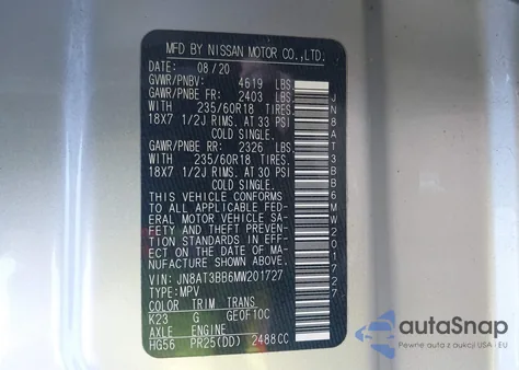 2021 Nissan Rogue Sv Intelligent Awd z USA, uszkodzony, nr VIN JN8AT3BB6MW201727